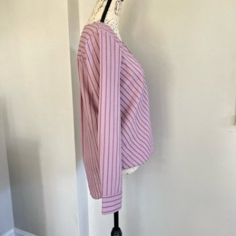 BCBGMaxazria Pink Striped Vneck Long Sleeve Faux Wrap Top - Picture 3 of 5